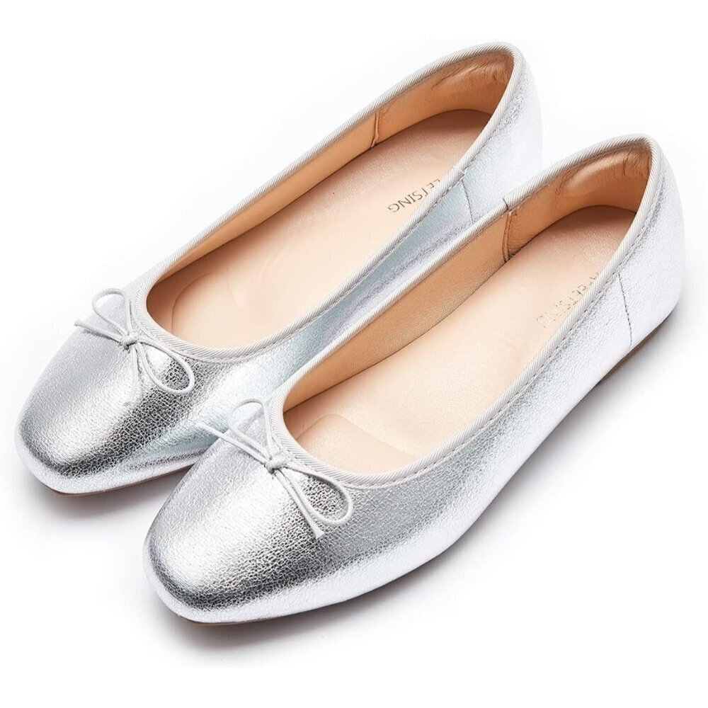 Women's Silver Polyurethane Closed Round Toe Comfortable Bow Ballet Flats Shoes